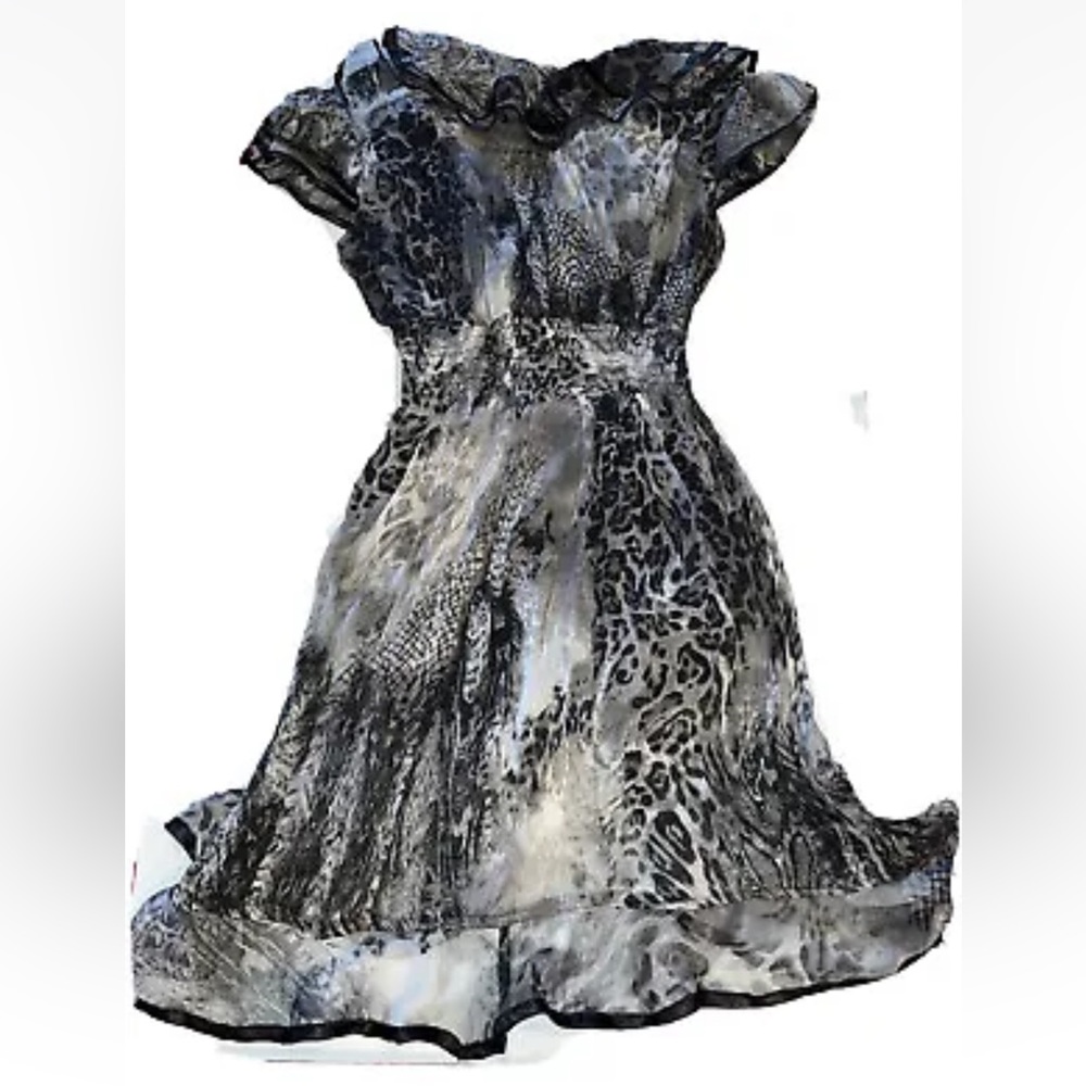 Moon River BLACK animal print DRESS Sleeveless Ruffle Button Sheer Flowy women S
